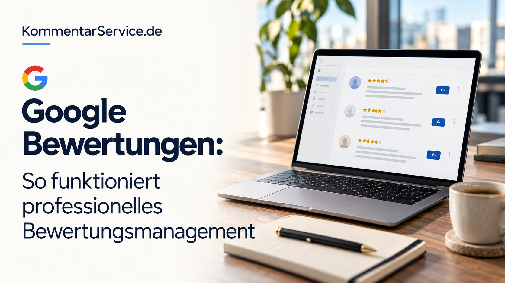 Google Bewertungen: professionelles Bewertungsmanagement – Titelmotiv mit Laptop von KommentarService.de